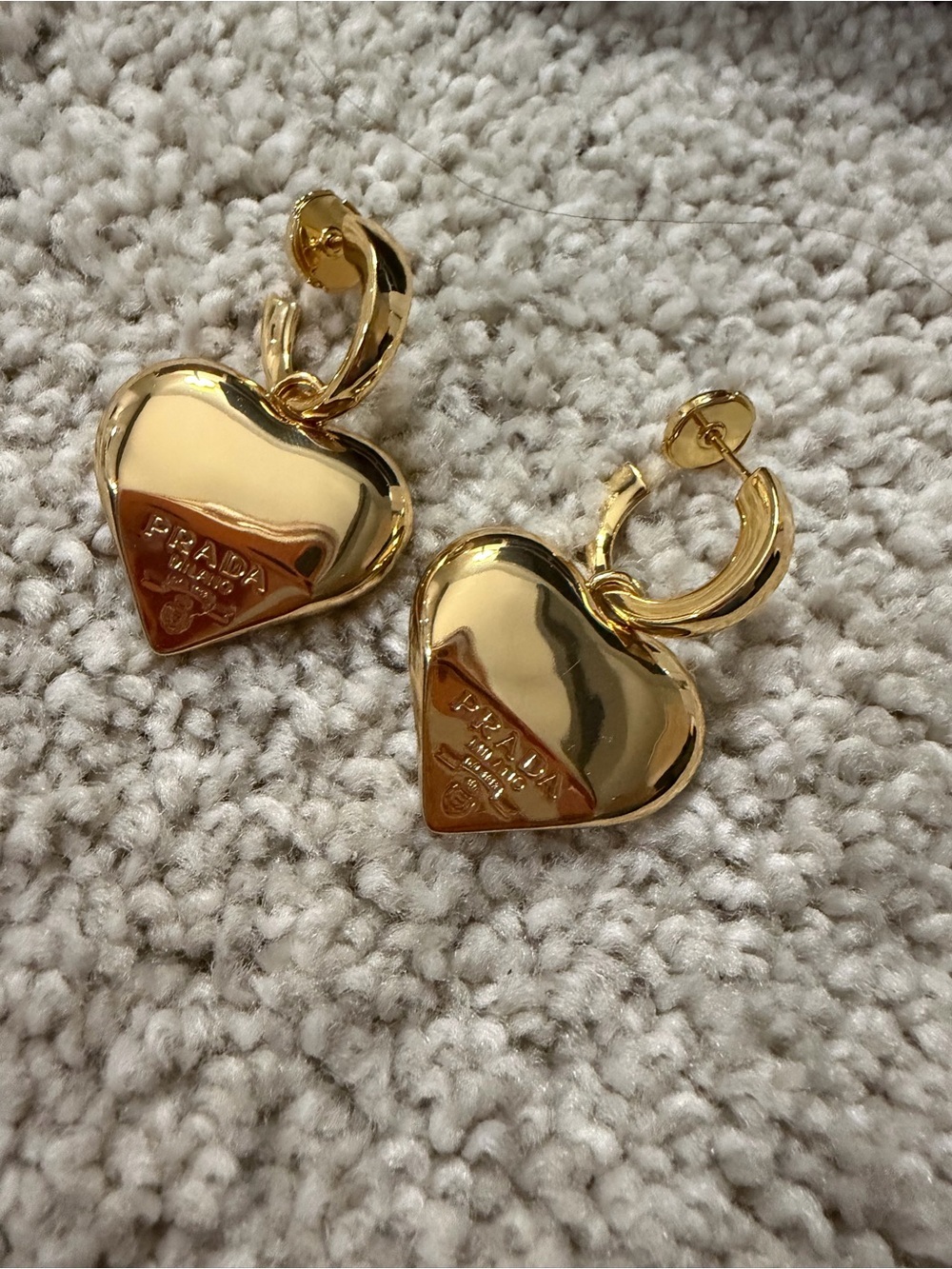Prada Gold Heart Dangle Hoop Earrings - Gold Tone
